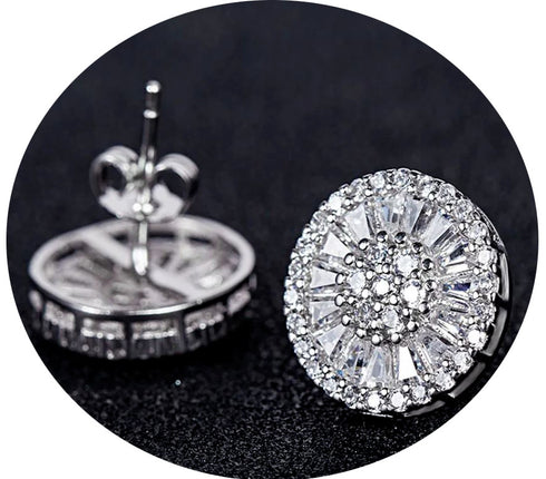 Baguette 18K White Gold Plated Round Cut Cubic Zircon Men Women Cluster Earrings